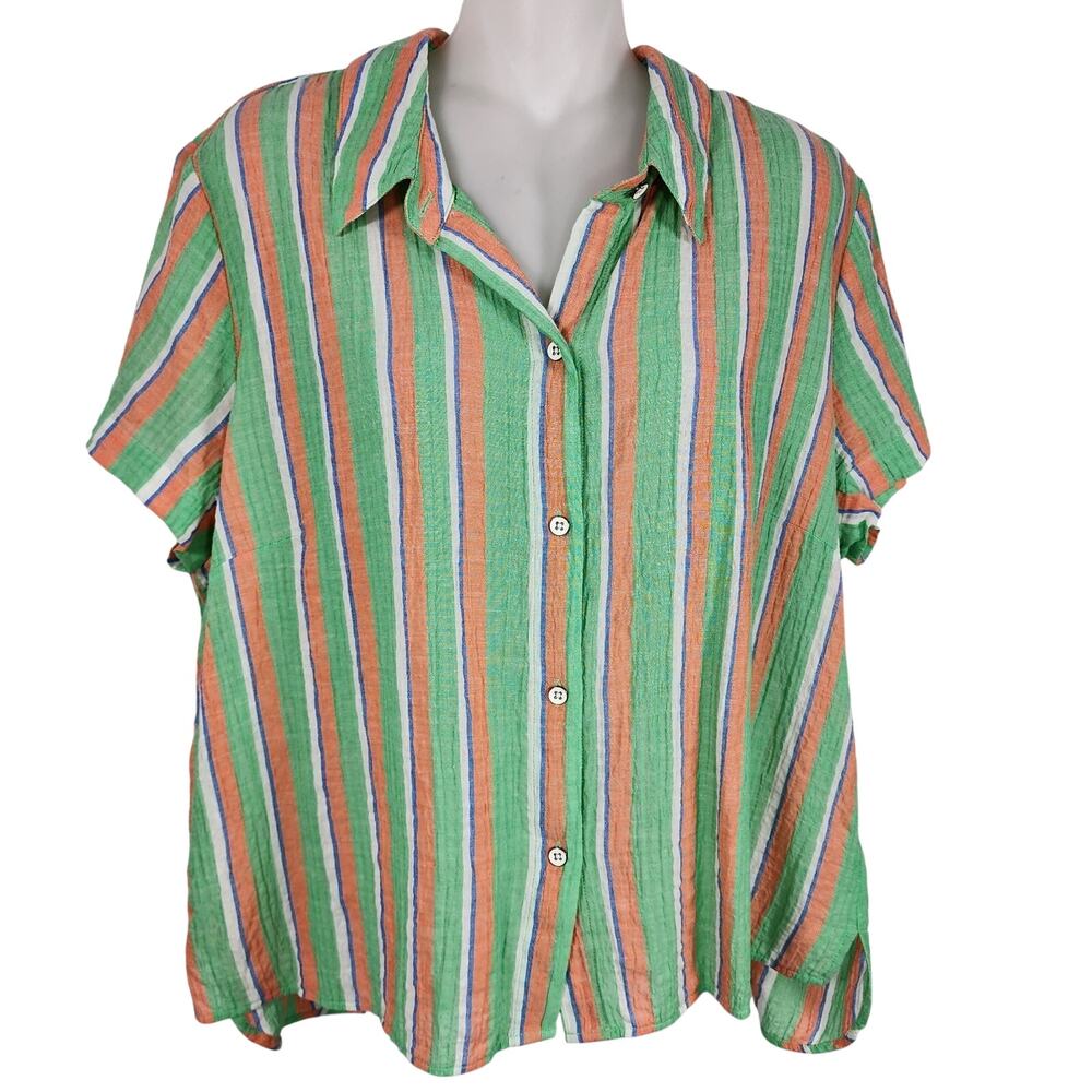 Cabi Women's Crinkled Gauze Linen Blend Striped Camp Shirt Size Large 6201 Beach